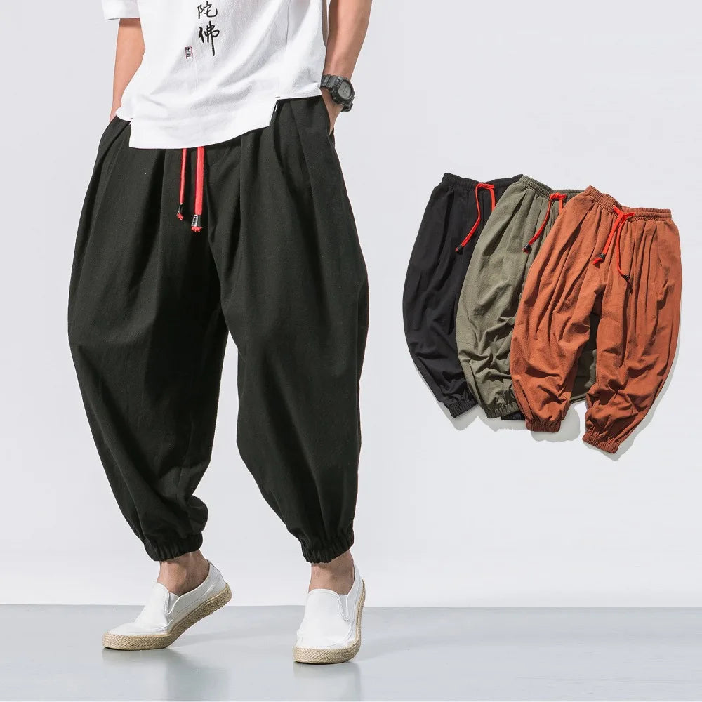 New Oversized Men Harem Pants Loose Style Cotton and Linen Sweatpants Joggers High Quality Casual Trousers Men